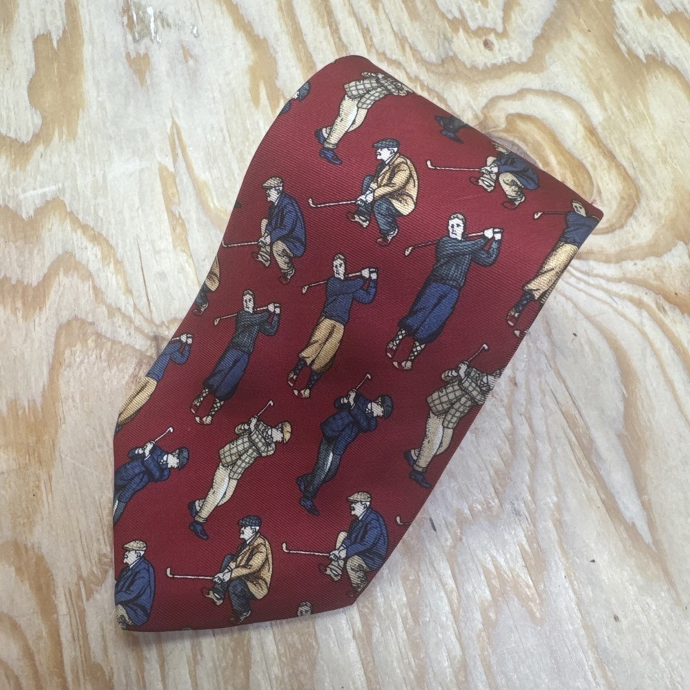 Brooks Brothers Red Silk Tie Golfer Print Vintage Preppy Country Club Style